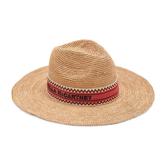 Stella McCartney Accessories - STELLA MCCARTNEY LOGO RAFFIA PANAMA TAN STRAW HAT RED STITCHED BAND SIZE: 56